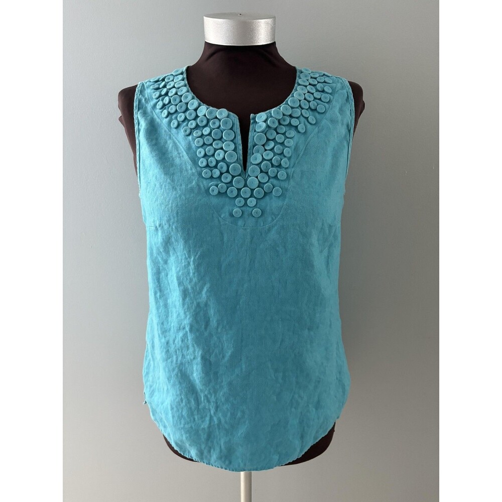 Talbots Linen Sleeveless Top Womens 8 Blue Dot Tank Boho Summer Coastal Whimsy